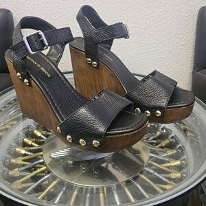 Christian Di Riccia Black Leather Wedge Sandals with Gold Accents